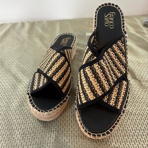 Franco Sarto Pacifica Espadrille Wedge Slide Sandals - Black/Tan Raffia Size 10M